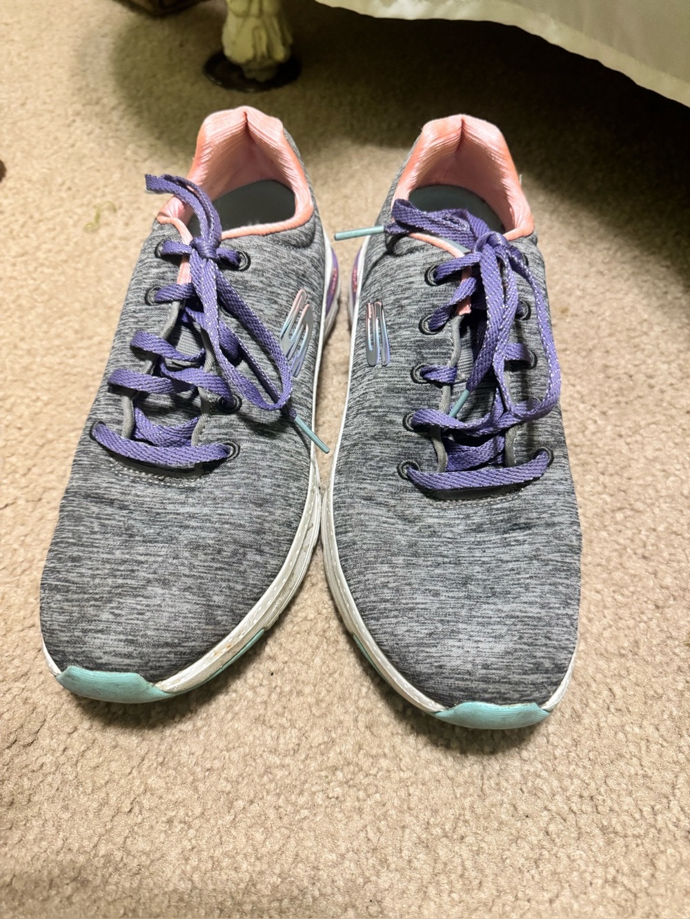 Skechers Women's Heather Gray Knit Sneakers with Purple Laces and Pink Collar